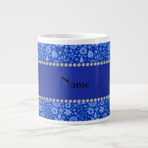 Personalised name blue flowers leaves large coffee mug