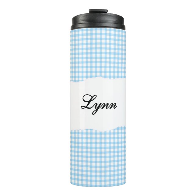 Personalised Name Blue Gingham Pattern Thermal Tumbler (Front)
