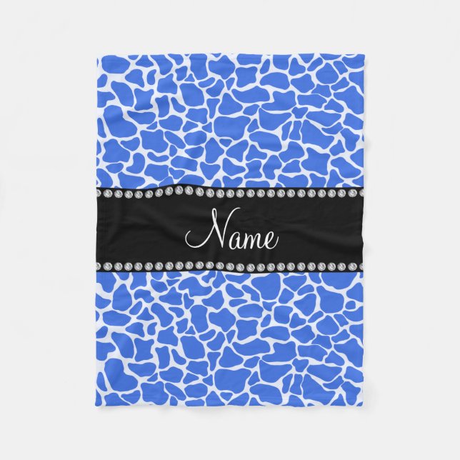 Personalised name blue giraffe pattern fleece blanket (Front)