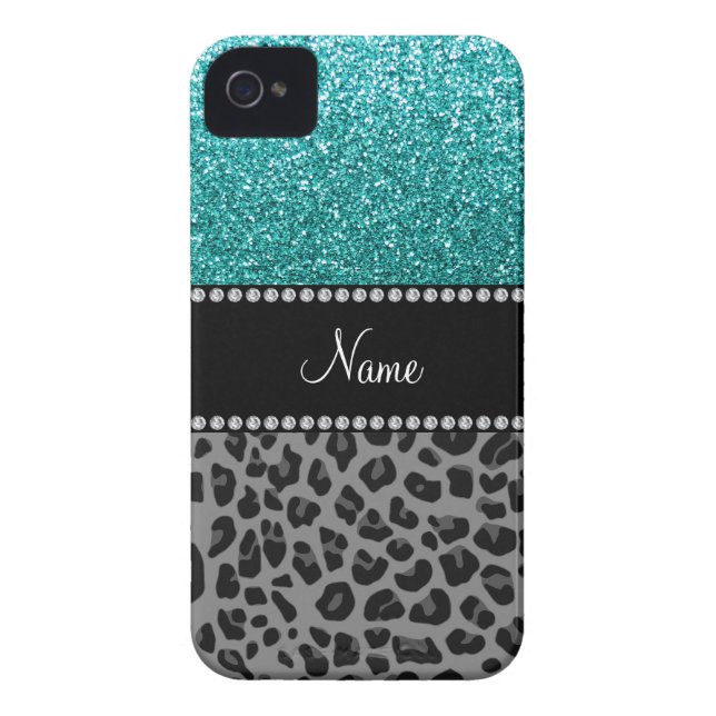 Personalised name blue glitter black leopard Case-Mate iPhone case (Back)
