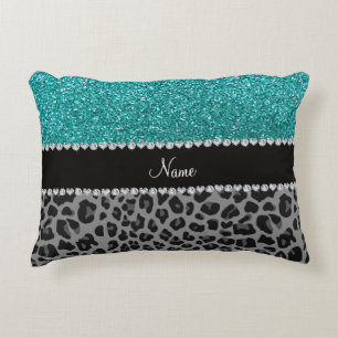 Personalised name blue glitter black leopard decorative cushion