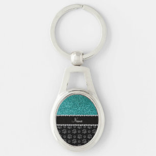 Personalised name blue glitter black paws key ring
