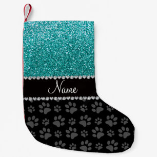 Personalised name blue glitter black paws small christmas stocking