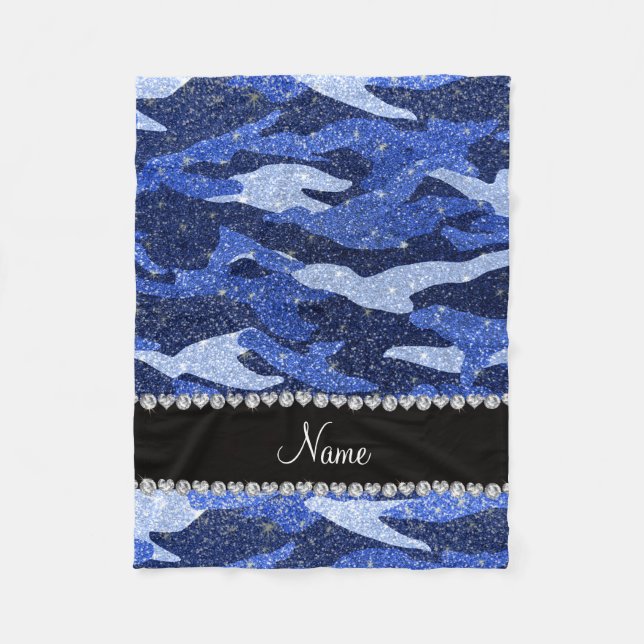 Personalised name blue glitter camouflage fleece blanket (Front)