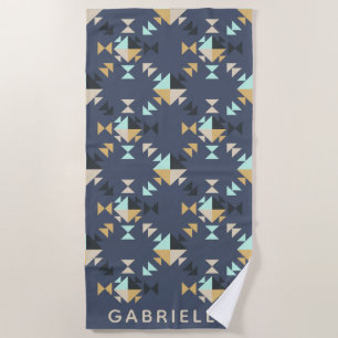Personalised Name Blue Gold Southwest Geometric Beach Towel