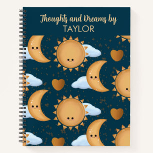 Personalised Name Blue Gold Sun Moon Dream Journal
