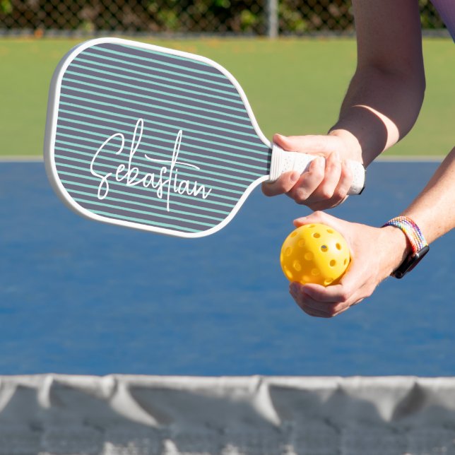 Personalised Name Blue Green Striped Pickleball Paddle (Insitu)