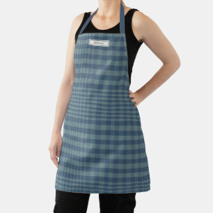 Personalised Name Blue Grey Plaid Classic Preppy Apron