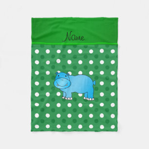 Personalised name blue hippo green white polka dot fleece blanket