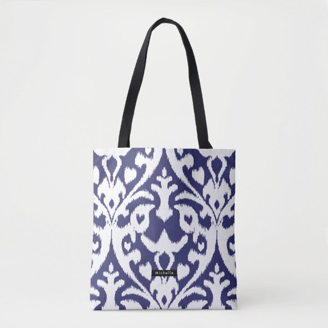 Personalised Name Blue Ikat Pattern Bridesmaid Tote Bag (Front)