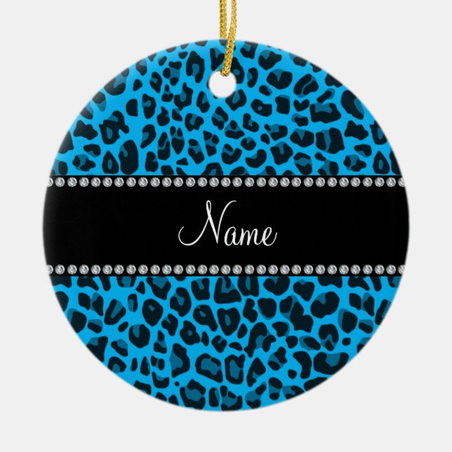 Personalised name blue leopard pattern ceramic ornament (Front)
