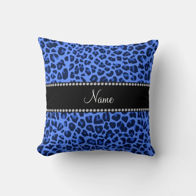 Personalised name blue leopard print cushion (Front)