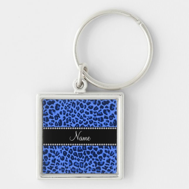 Personalised name blue leopard print key ring (Front)