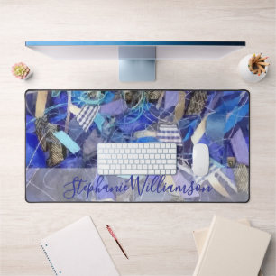 Personalised Name Blue Lilac Grey Abstract Stripes Desk Mat