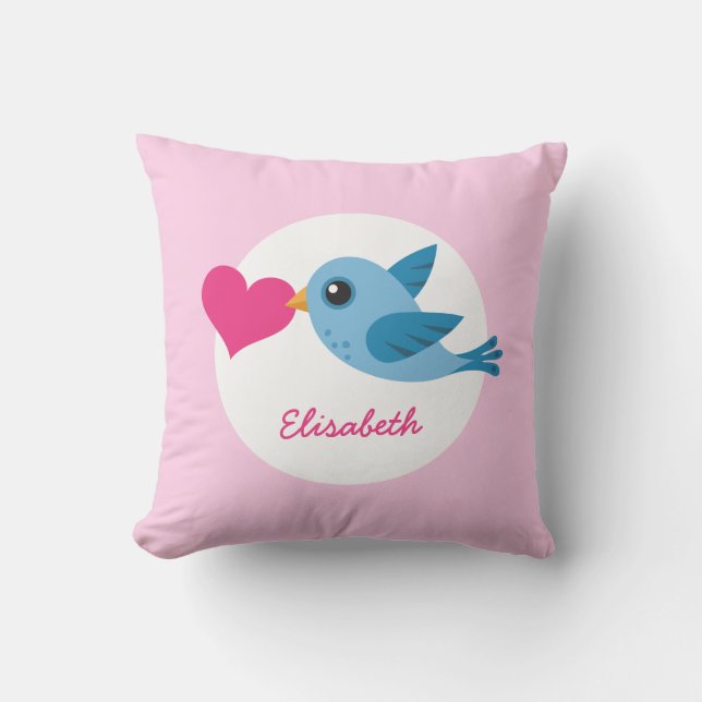 Personalised name blue love bird with pink heart cushion (Front)