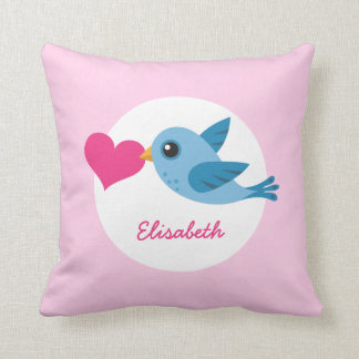 Personalised name blue love bird with pink heart cushion