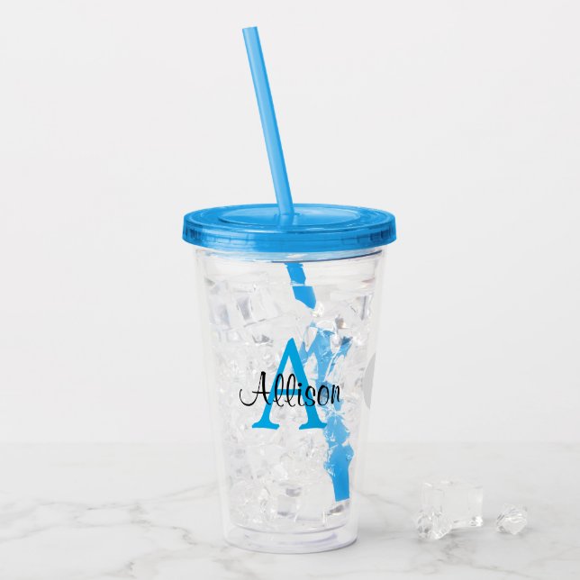 Personalised Name Blue Monogram Initial Acrylic Tumbler (Front Ice)