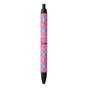 Personalised name blue narwhal pink glitter black ink pen