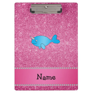 Personalised name blue narwhal pink glitter clipboard