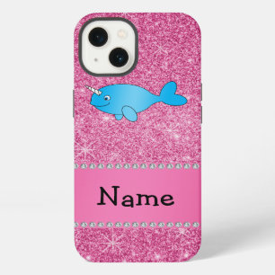 Personalised name blue narwhal pink glitter iPhone case