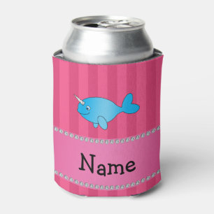 Personalised name blue narwhal pink stripes can cooler