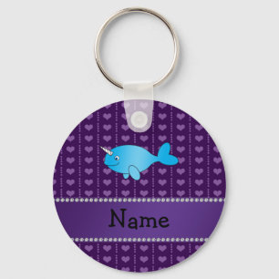 Personalised name blue narwhal purple hearts key ring