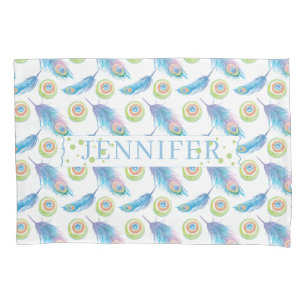 Personalised Name Blue Peacock Feathers Background Pillowcase