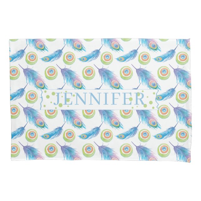 Personalised Name Blue Peacock Feathers Background Pillowcase (Front)