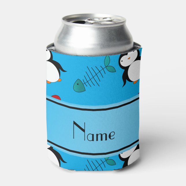 Personalised name blue penguins igloo fish squid can cooler (Can Front)