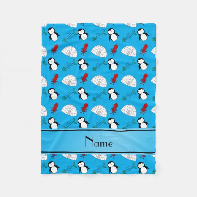 Personalised name blue penguins igloo fish squid fleece blanket (Front)
