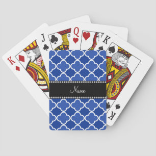 Personalised name blue quatrefoil pattern playing cards