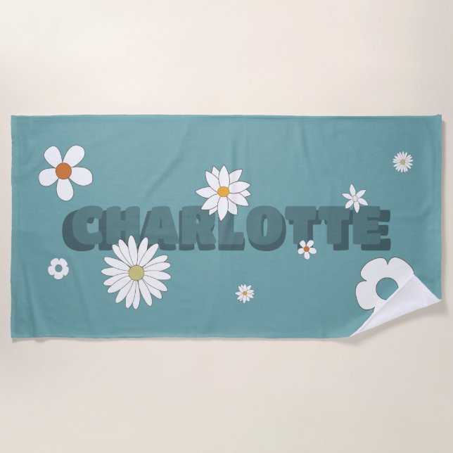 Personalised Name Blue Retro Style Flowers Beach Towel (Front)