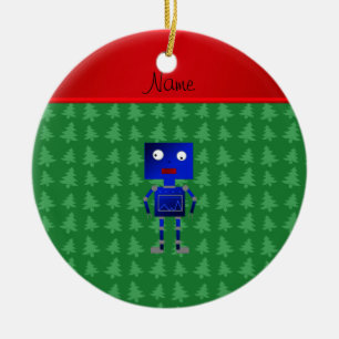 Personalised name blue robot green trees ceramic ornament