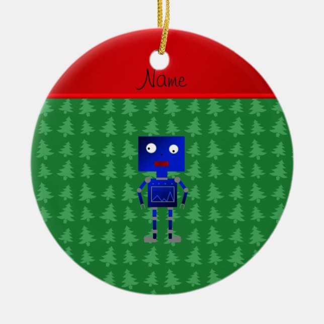Personalised name blue robot green trees ceramic ornament (Front)