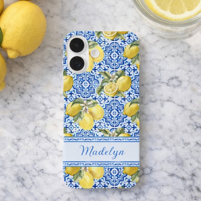 Personalised Name Blue Tile Mediterranean Lemon Case-Mate iPhone Case (Creator Uploaded)