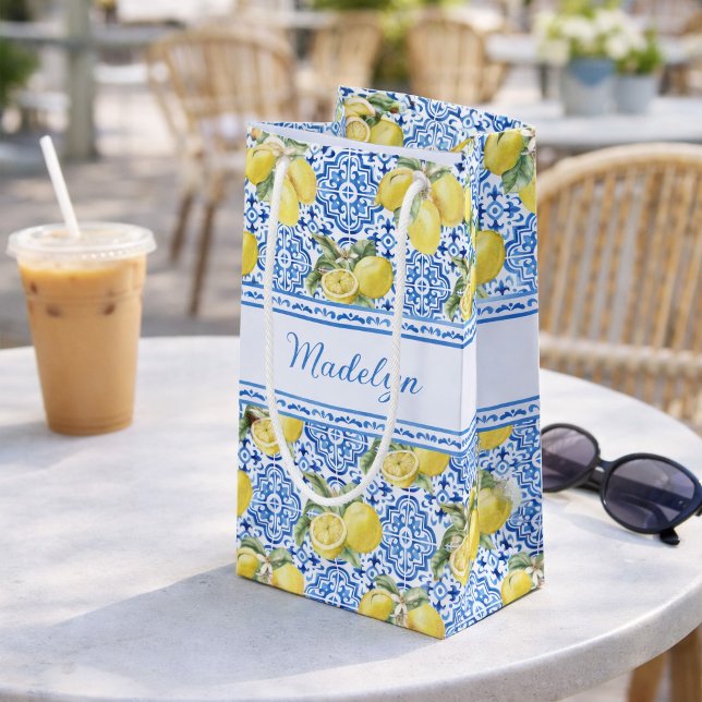 Personalised Name Blue Tile Mediterranean Lemon Small Gift Bag (Creator Uploaded)