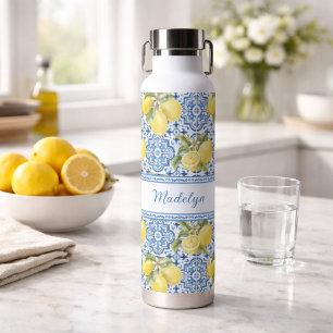 Personalised Name Blue Tile Mediterranean Lemon Water Bottle