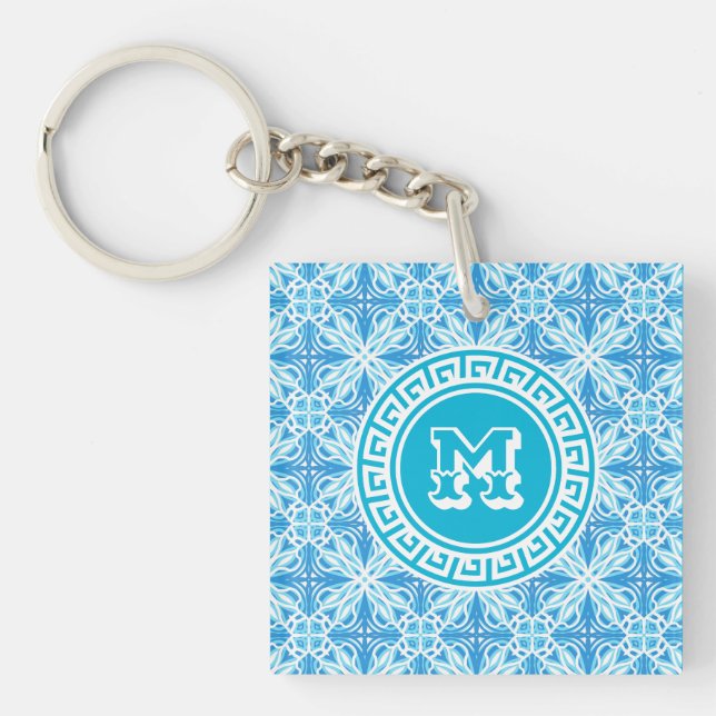 Personalised Name Blue Trellis Print White Text Key Ring (Front)