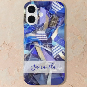 Personalised Name Blue White Lilac Abstract Stripe iPhone 16 Case