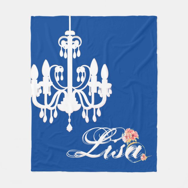 Personalised Name Blue with White Chandelier Fleece Blanket (Front)