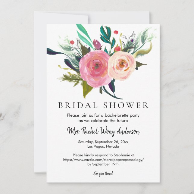 Personalised Name Boho Bouquet Bridal Shower Photo Invitation (Front)