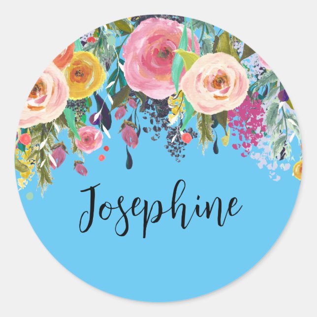 Personalised Name Boho Floral Bedroom Nursery Art Classic Round Sticker (Front)
