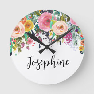 Personalised Name Boho Floral Bedroom Nursery Art Round Clock