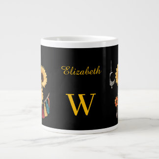 Personalised Name Boho Floral Sunflower Black Large Coffee Mug