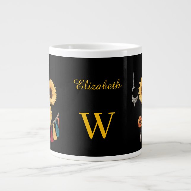 Personalised Name Boho Floral Sunflower Black Large Coffee Mug (Front)