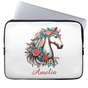 Personalised Name Boho Horse with Flowers Laptop Sleeve