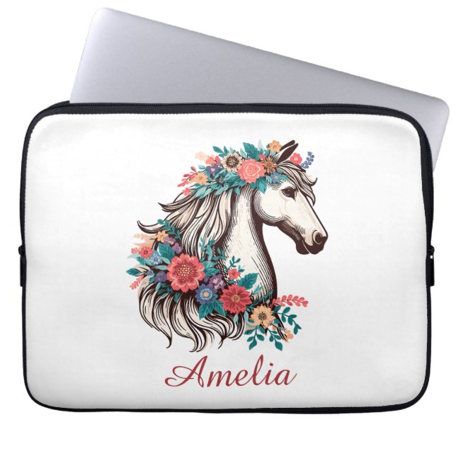 Personalised Name Boho Horse with Flowers Laptop Sleeve (Front)