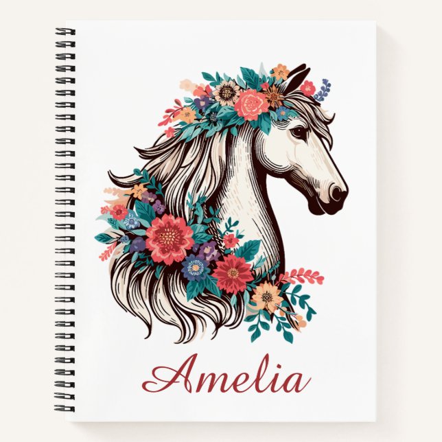Personalised Name Boho Horse with Flowers Notebook (Front)