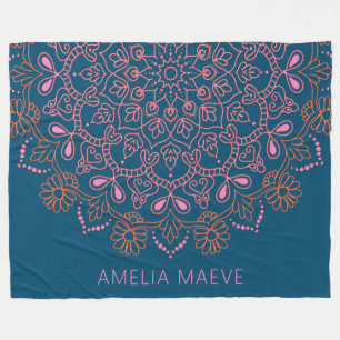 Personalised Name Boho Mandala Floral Blue Pink Fleece Blanket