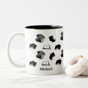 Personalised Name Bookish Bibliophile Book Pattern Two-Tone Coffee Mug